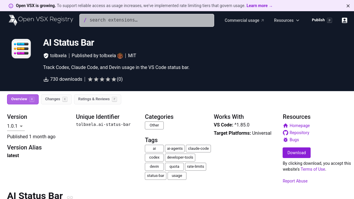 Open-VSX-Seite der Erweiterung AI Status Bar