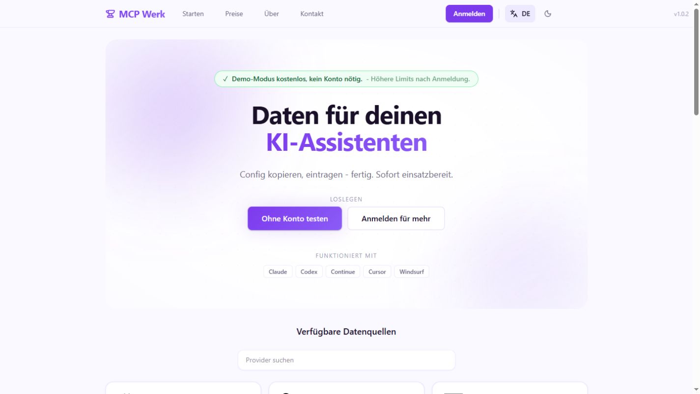 Startseite von MCP Werk mit Zugang zu Daten für AI-Assistenten