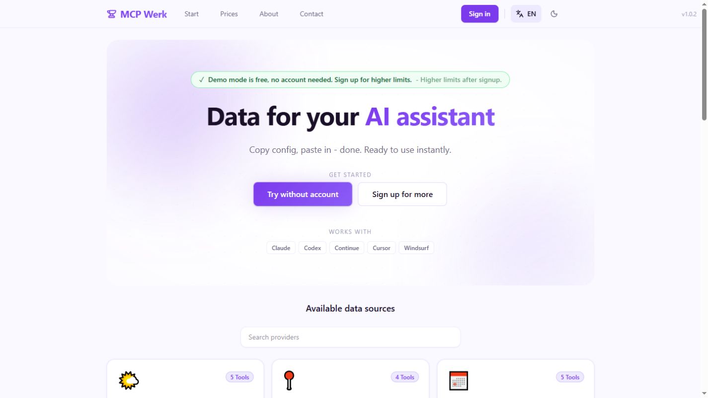 MCP Werk home page providing data for AI assistants