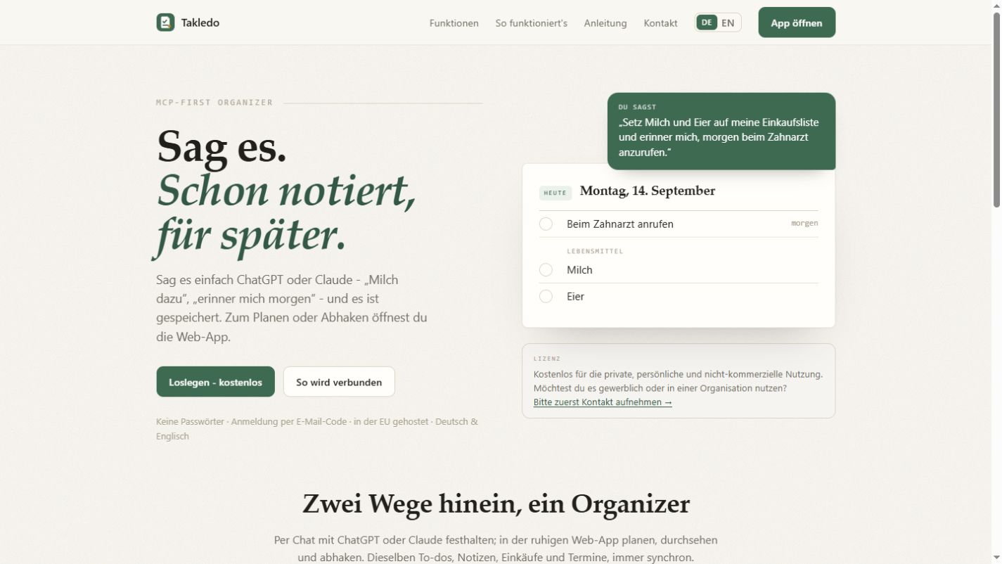 Startseite des persönlichen Organizers Takledo