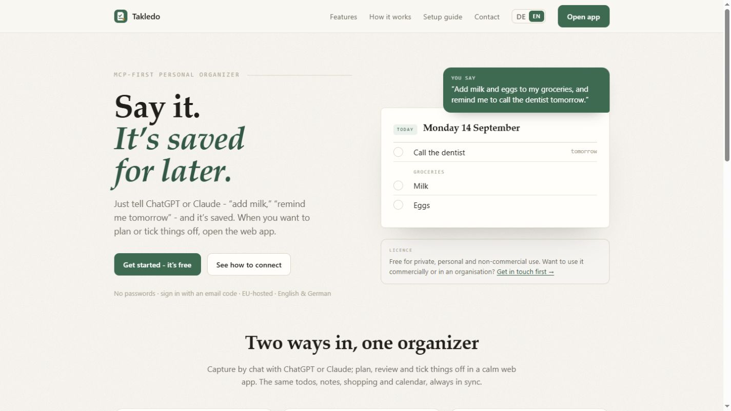 Takledo personal organiser home page