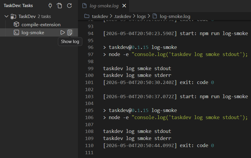 TaskDev-Erweiterung in VS Code mit laufenden Tasks und Logausgabe